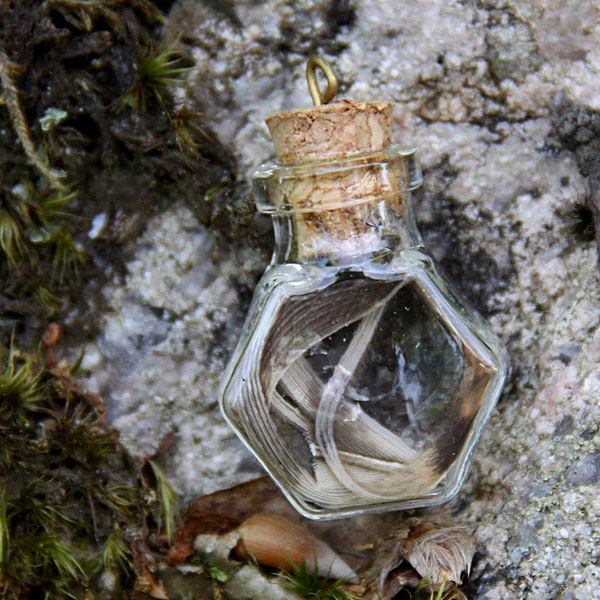Glass vial necklace, owl feather inside, witch, witchcraft, metal, pagan