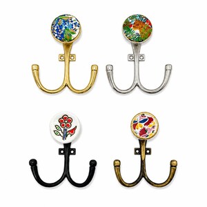 Gancio doppio da parete in metallo da 10 cm con pomello in ceramica, appendiabiti decorativo, gancio per asciugamani, gancio per accappatoi, gancio per ingresso, gancio da parete in ceramica con motivo floreale