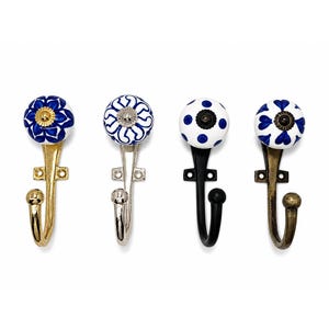 Hand-Painted Ceramic Knob Hooks, Blue White Floral, 4 Inch Metal Wall Hooks