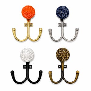 4 Inch Metal Double Wall Hook with Embossed Ceramic Knob, Decorative Coat Hook, Floral Wall Hanger, Towel Hook, Robe Hook, Entryway Hook
