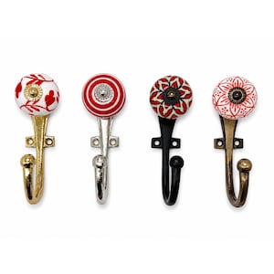 Hand-Painted Ceramic Knob Hooks, Red White Floral Metal Wall Hanger (4 Inch)