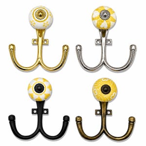 Hand-Painted Yellow Mango Yellow Ceramic Knob Double Wall Hooks, Decorative Entryway Organizer, 4 Inch Height