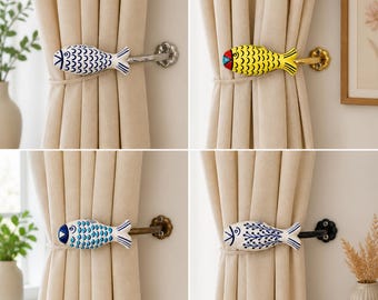 Ceramic Fish Curtain Tie Back Hook, Coastal Curtain Holder, Fish Wall Hook, Nautical Home Decor, Ocean Inspired Curtain Hardware