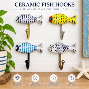 May include: Four ceramic fish-shaped wall hooks with hand-painted patterns. The top left fish is blue and white with a gold hook, top right is yellow and red with a silver hook, bottom left is blue and white with a black hook, and bottom right is blue and white with a bronze hook.