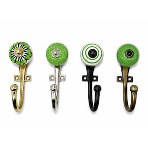 Hand-Painted Green Ceramic Knob Wall Hooks, Decorative Entryway Organizer, 4 Inch Height