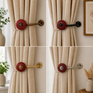 Dekorativa gardinfästen, keramiska röda knoppar för gardinfästen, blommig draperifäste, bohemisk fönsterdekor, vintage gardinbeslag