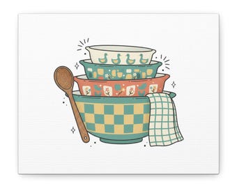 Płótno z miską do mieszania w stylu retro, sztuka kuchenna | Dekoracja domu w kolorze szałwii