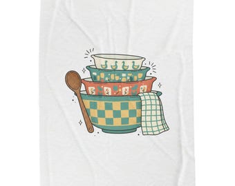 Stacked Vintage Mixing Bowls Plush Blanket | Sage Cream Kitchen Art, Cozy Cottagecore Throw