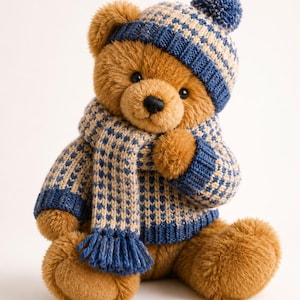 May include: A plush teddy bear with golden-brown fur wearing a knitted sweater, a matching scarf with fringe, and a beanie with a blue pom-pom. The clothing features a blue and beige geometric pattern. The bear has dark eyes and a black nose.