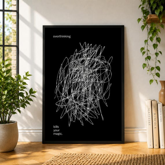 Overthinking Poster, Black White Scribble Wall Art, Anxiety Typography Print, Minimal Mental Health Poster