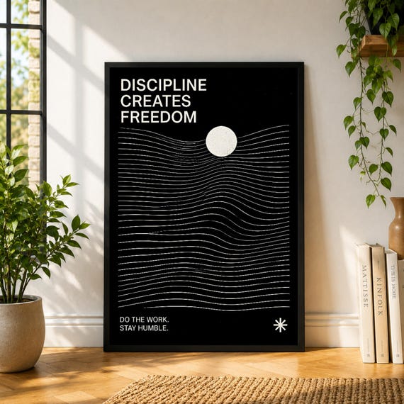 Discipline Creates Freedom Poster, Black White Wave Wall Art, Motivational Minimal Print