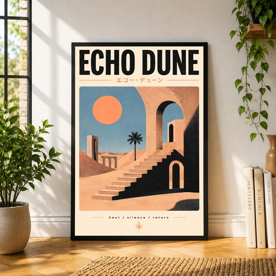 Echo Dune Poster, Desert Architecture Wall Art, Retro Travel Print, Minimal Sun Poster, Warm Japandi Decor