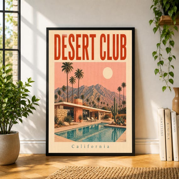 Desert Club Poster, California Desert Wall Art, Retro Pool Print, Palm Springs Poster, Mid Century Travel Decor