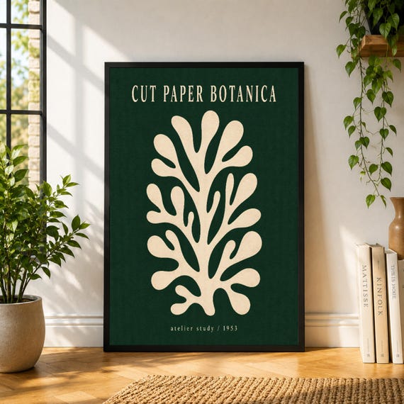 Cut Paper Botanica Poster, Green Botanical Wall Art, Minimal Plant Print, Matisse Inspired Decor, Nature Poster
