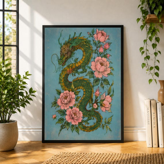 Dragon Peony Poster, Japanese Dragon Wall Art, Floral Asian Inspired Print, Green Pink Botanical Decor