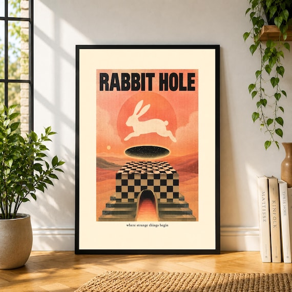 Rabbit Hole Poster, Surreal Rabbit Wall Art, Checkerboard Print, Whimsical Poster, Dream Decor