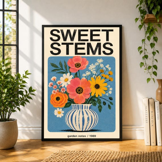 Sweet Stems Poster, Flower Vase Wall Art, Colorful Botanical Print, Garden Floral Poster