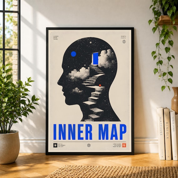 Inner Map Poster, Surreal Mind Wall Art, Stairway Head Print, Dreamy Psychology Poster, Blue Minimal Decor