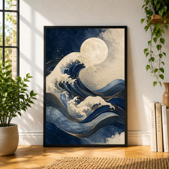 Japanese Wave Poster, Blue Ocean Wall Art, Abstract Wave Print, Moonlit Sea Poster, Navy Gold Coastal Decor, Asian Inspired Art