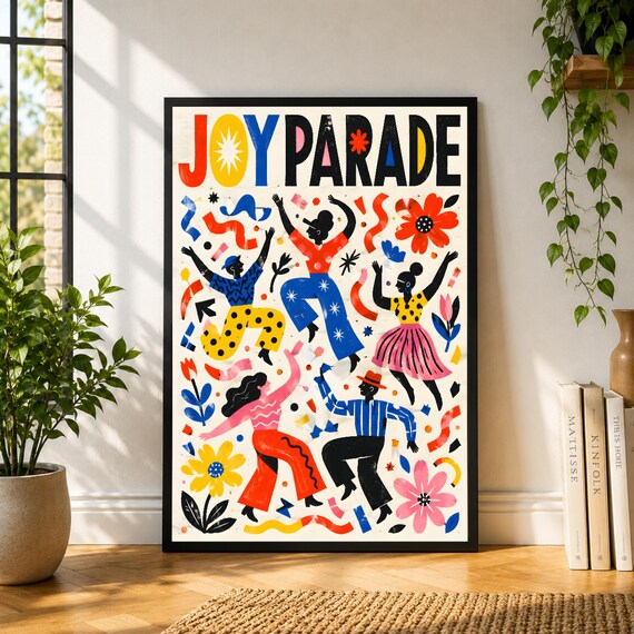 Joy Parade Poster, Colorful Dancing Wall Art, Maximalist Party Print, Playful People Poster, Happy Decor