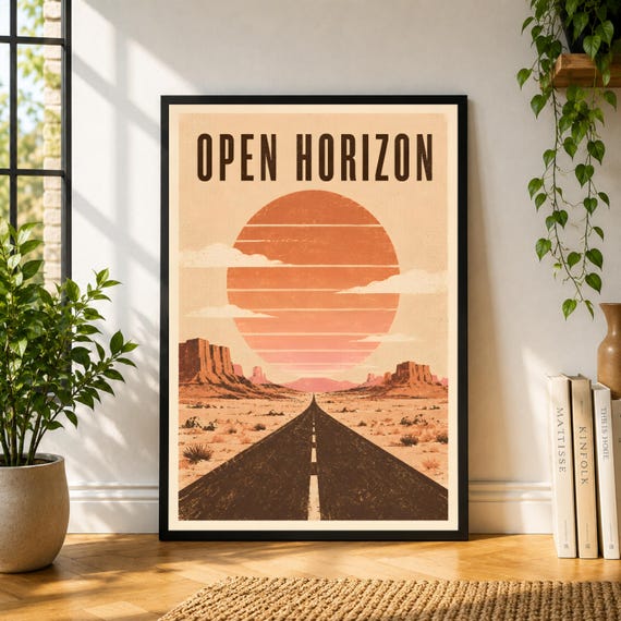 Open Horizon Poster, Desert Road Wall Art, Sunset Landscape Print, Western Travel Poster, Warm Minimal Decor