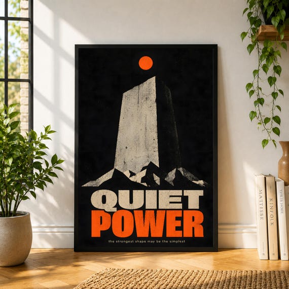 Quiet Power Poster, Black Monolith Wall Art, Orange Sun Print, Bold Motivational Poster