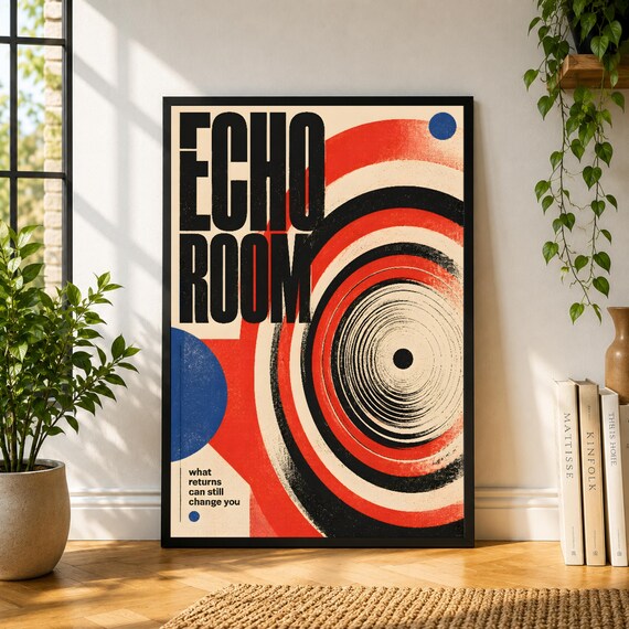 Echo Room Poster, Red Blue Abstract Wall Art, Optical Circle Print, Bold Graphic Decor