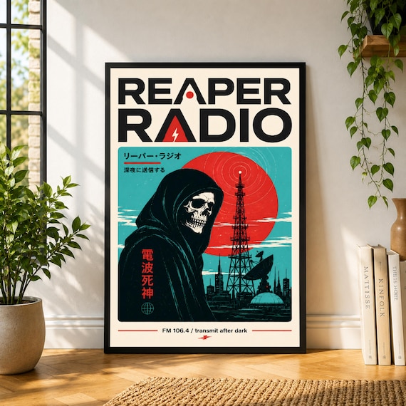 Reaper Radio Poster, Grim Reaper Wall Art, Skull Radio Tower Print, Gothic Retro Poster