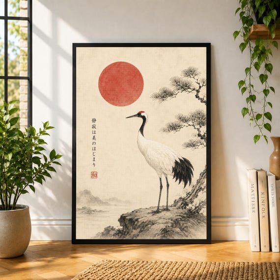 Japanese Crane Poster, Minimal Red Sun Wall Art, Vintage Asian Inspired Print, Elegant Bird Poster, Japandi Decor, Zen Wall Art