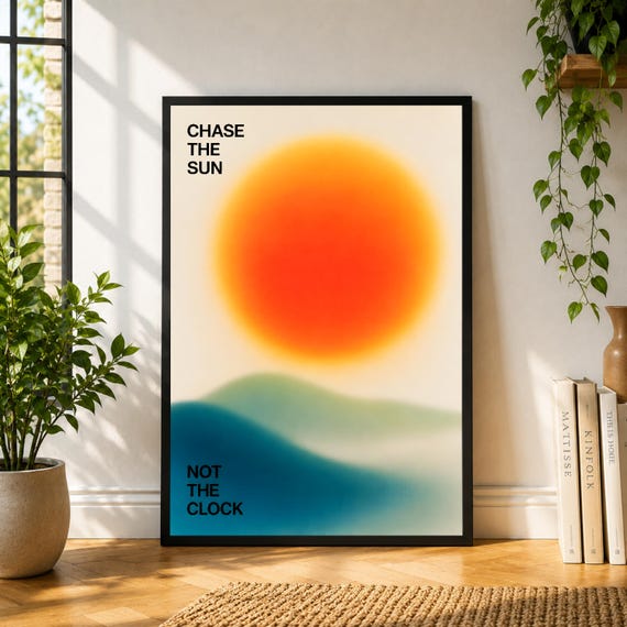 Chase The Sun Poster, Abstract Sunset Wall Art, Soft Landscape Print, Warm Motivational Poster