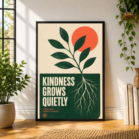 Kindness Grows Quietly Poster, Green Botanical Wall Art, Kindness Quote Print, Warm Nature Poster