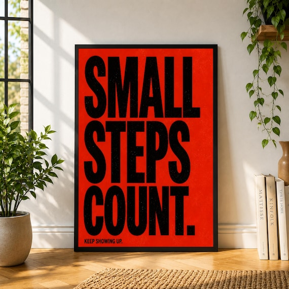 Small Steps Count Poster, Red Typography Wall Art, Motivational Quote Print, Bold Office Poster, Modern Minimal Decor