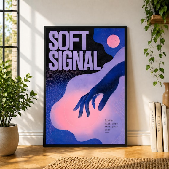Soft Signal Poster, Purple Blue Abstract Wall Art, Hand Print, Modern Dreamy Poster