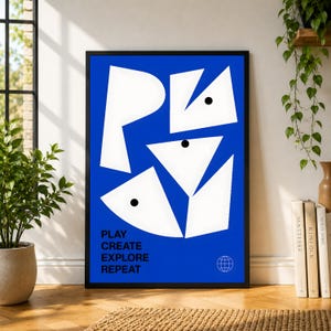 Poster "Gioca, Crea, Esplora", Arte astratta da parete blu, Stampa geometrica del volto, Poster per studio creativo