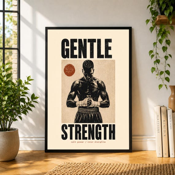 Gentle Strength Poster, Motivational Wall Art, Boxer Figure Print, Bold Typography Poster, Gym Decor