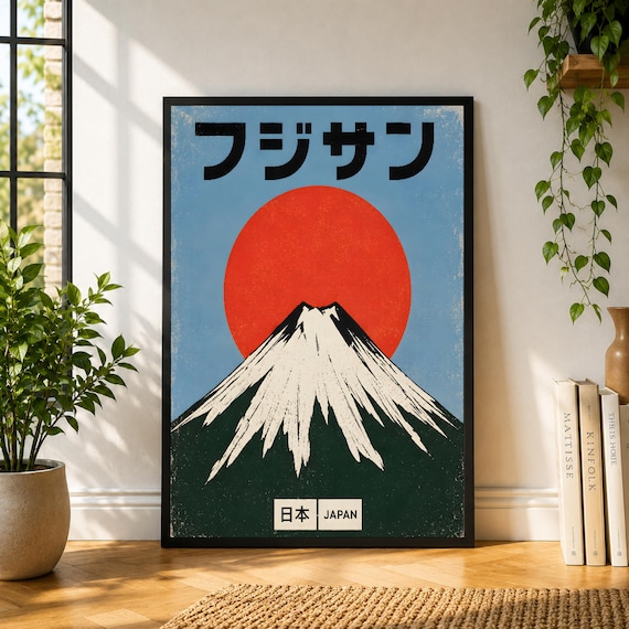 Japan Fuji Poster, Mount Fuji Wall Art, Japanese Travel Print, Red Sun Poster, Vintage Japan Decor