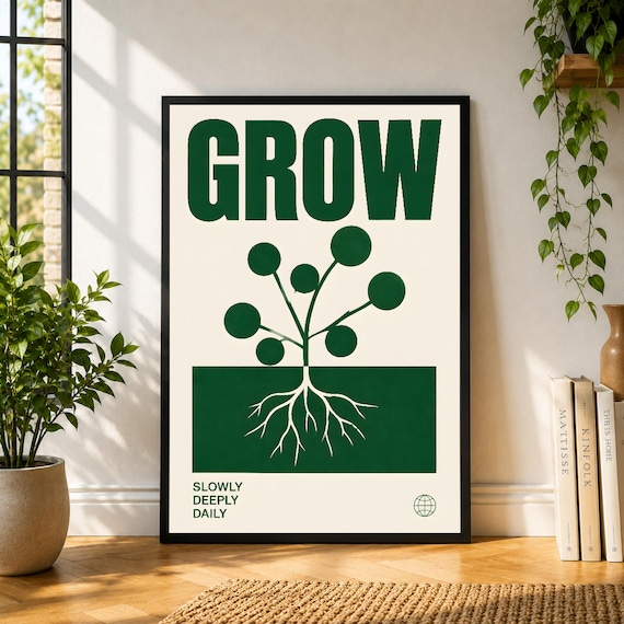 Grow Slowly Poster, Green Botanical Wall Art, Minimal Plant Print, Slow Living Poster, Modern Nature Decor