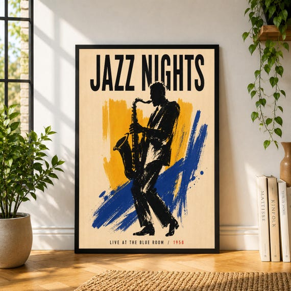 Jazz Nights Poster, Saxophone Wall Art, Music Room Print, Vintage Jazz Poster, Blue Room Decor