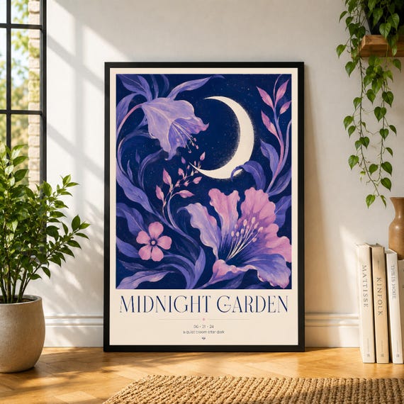 Midnight Garden Poster, Moon Flower Wall Art, Purple Botanical Print, Dark Floral Poster, Celestial Decor