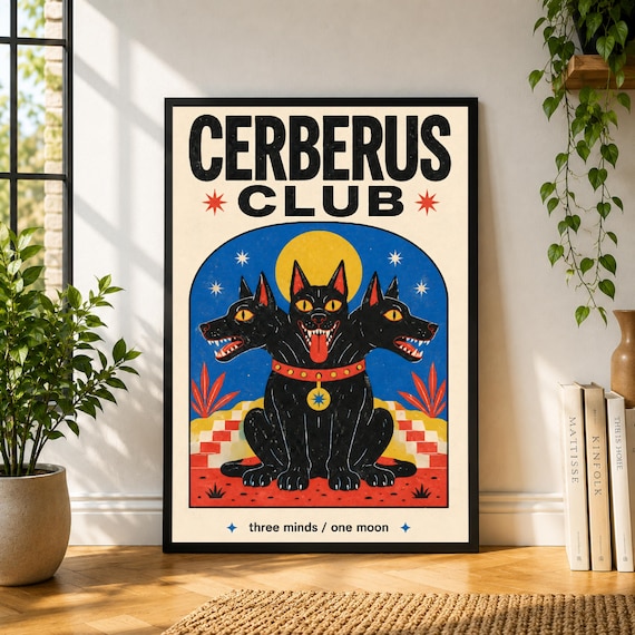 Cerberus Club Poster, Mythology Dog Wall Art, Three Headed Dog Print, Bold Folk Art Poster