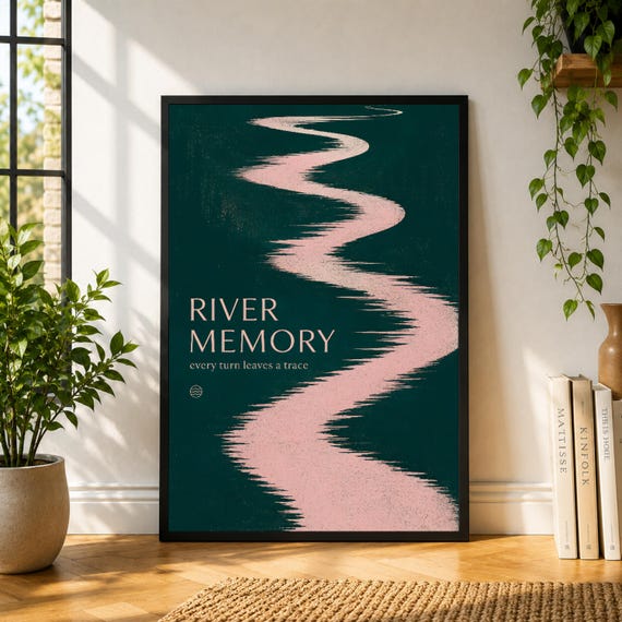 River Memory Poster, Pink River Wall Art, Dark Green Landscape Print, Modern Nature Poster