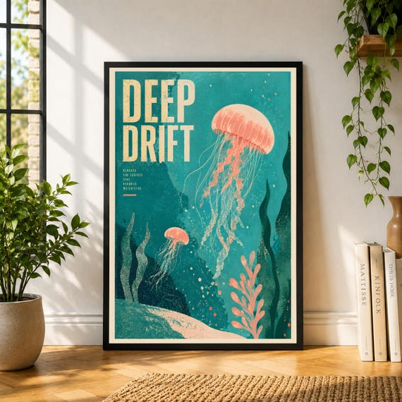 Deep Drift Poster, Jellyfish Wall Art, Ocean Print, Aqua Marine Poster, Coastal Modern Decor
