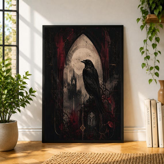 Gothic Raven Poster, Dark Cathedral Wall Art, Moody Gothic Decor, Black Raven Print, Occult Inspired Poster, Dark Academia Wall Art