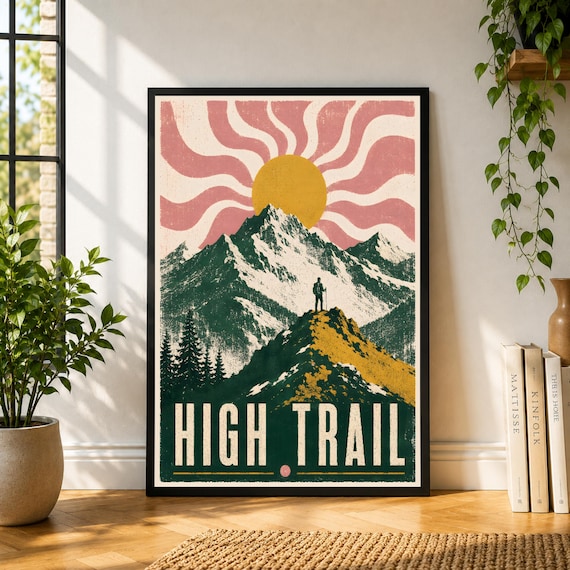 High Trail Poster, Mountain Hiking Wall Art, Vintage Adventure Print, Alpine Landscape Poster, Outdoor Decor