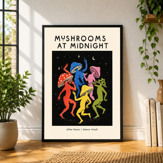 Mushrooms At Midnight Poster, Psychedelic Mushroom Wall Art, Dance Poster, Colorful Night Print