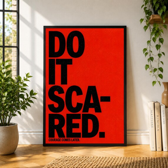 Do It Scared Poster, Red Typography Wall Art, Courage Quote Print, Motivational Office Decor, Bold Modern Poster