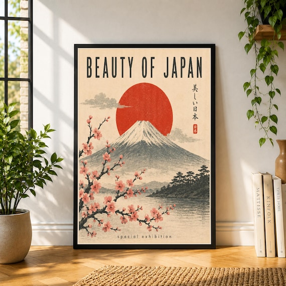 Beauty of Japan Poster, Mount Fuji Wall Art, Japanese Landscape Print, Cherry Blossom Poster, Vintage Japan Decor