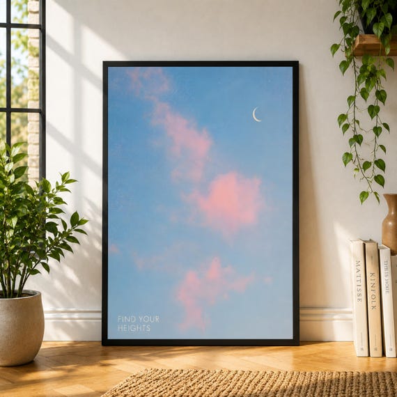 Find Your Heights Poster, Pastel Sky Wall Art, Cloud Print, Soft Blue Pink Minimal Decor