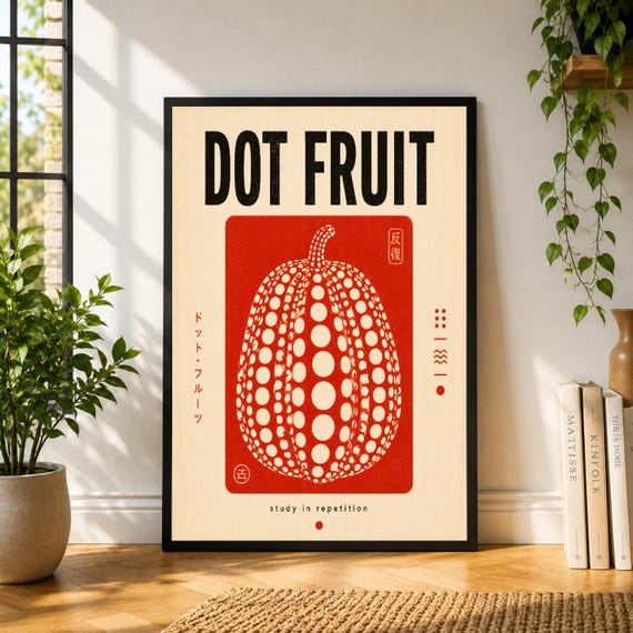 Dot Fruit Poster, Red Pumpkin Wall Art, Japanese Inspired Graphic Print, Retro Fruit Poster, Kitchen Decor