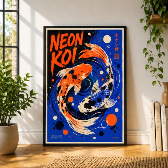 Neon Koi Poster, Colorful Koi Fish Wall Art, Japanese Inspired Fish Print, Bold Blue Orange Poster